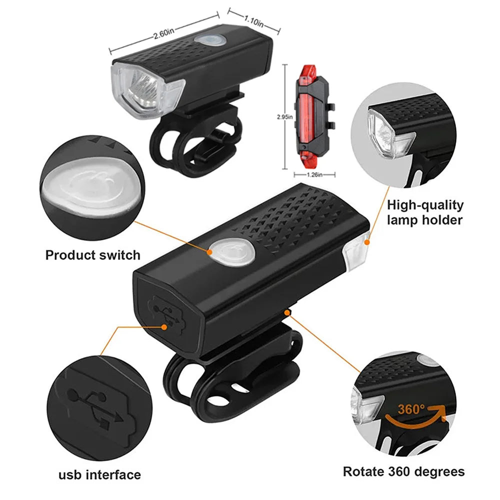 Bicycle Front Rear Light Set LED Rechargeable MTB Bike Head Light Cycling Red Warning Tail Light Accessories for Night Riding