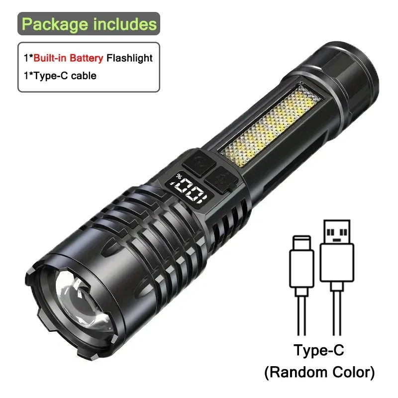 High Power LED Flashlight Portable Zoom Torch Type-C Rechargeable Waterproof Light with COB Side Lamp for Outdoor Camping Hiking