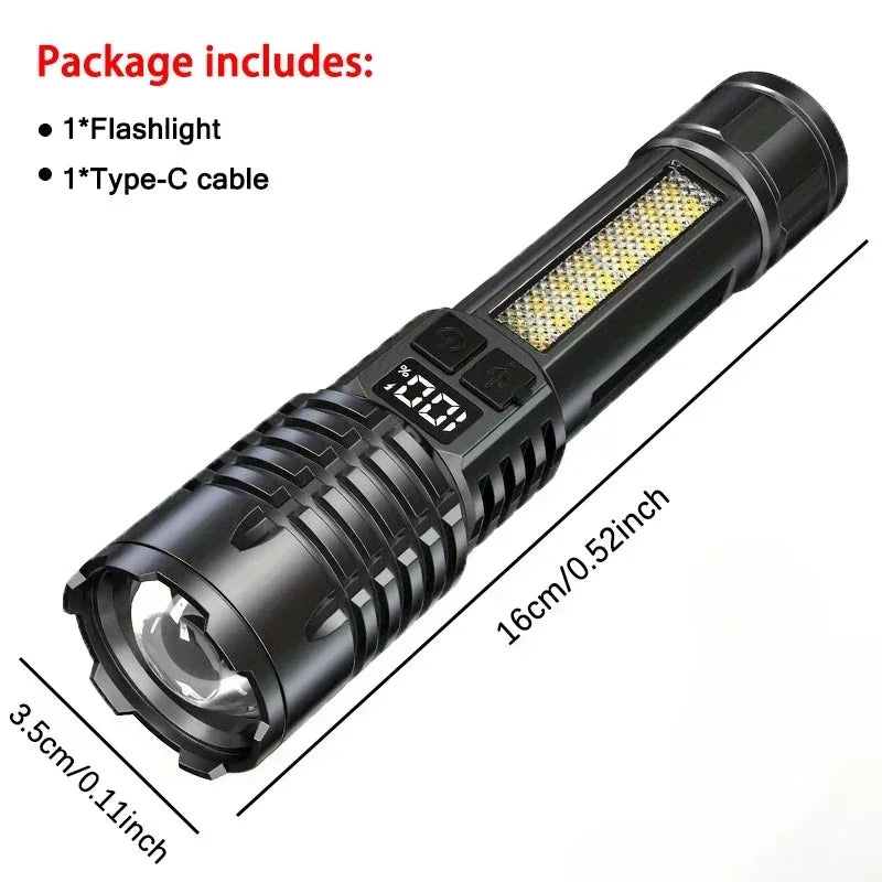 High Power LED Flashlight Portable Zoom Torch Type-C Rechargeable Waterproof Light with COB Side Lamp for Outdoor Camping Hiking