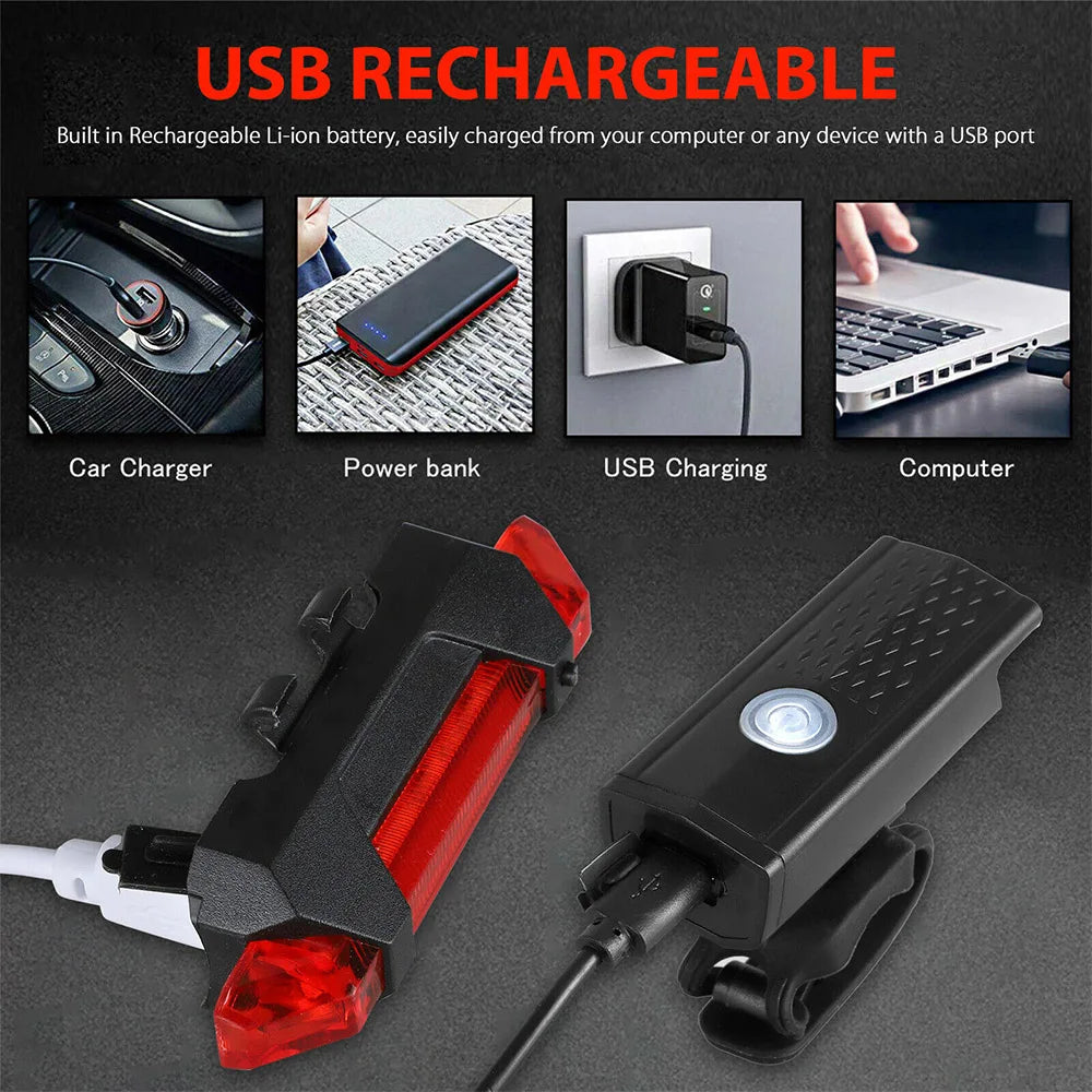 Bicycle Front Rear Light Set LED Rechargeable MTB Bike Head Light Cycling Red Warning Tail Light Accessories for Night Riding