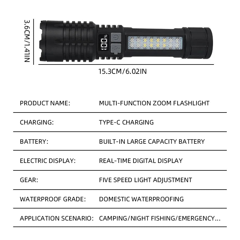 High Power LED Flashlight Portable Zoom Torch Type-C Rechargeable Waterproof Light with COB Side Lamp for Outdoor Camping Hiking