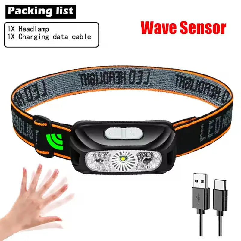 Strong Light Headlamp Portable LED Sensor Headlamp USB-C Rechargeable Head Flashlight Outdoor Camping Fishing Emergency Lantern