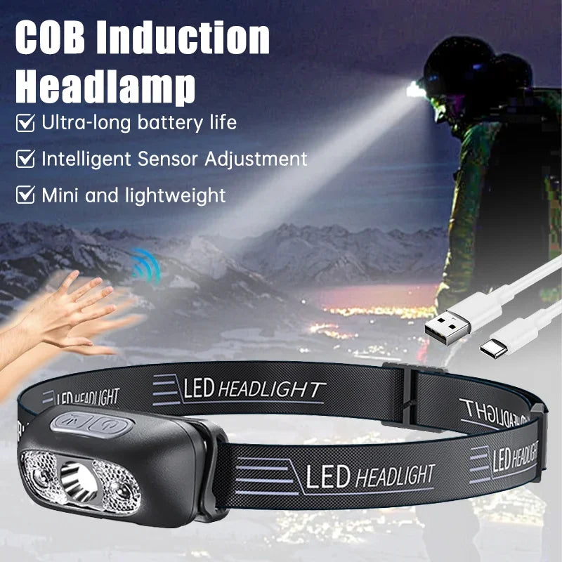 Strong Light Headlamp Portable LED Sensor Headlamp USB-C Rechargeable Head Flashlight Outdoor Camping Fishing Emergency Lantern