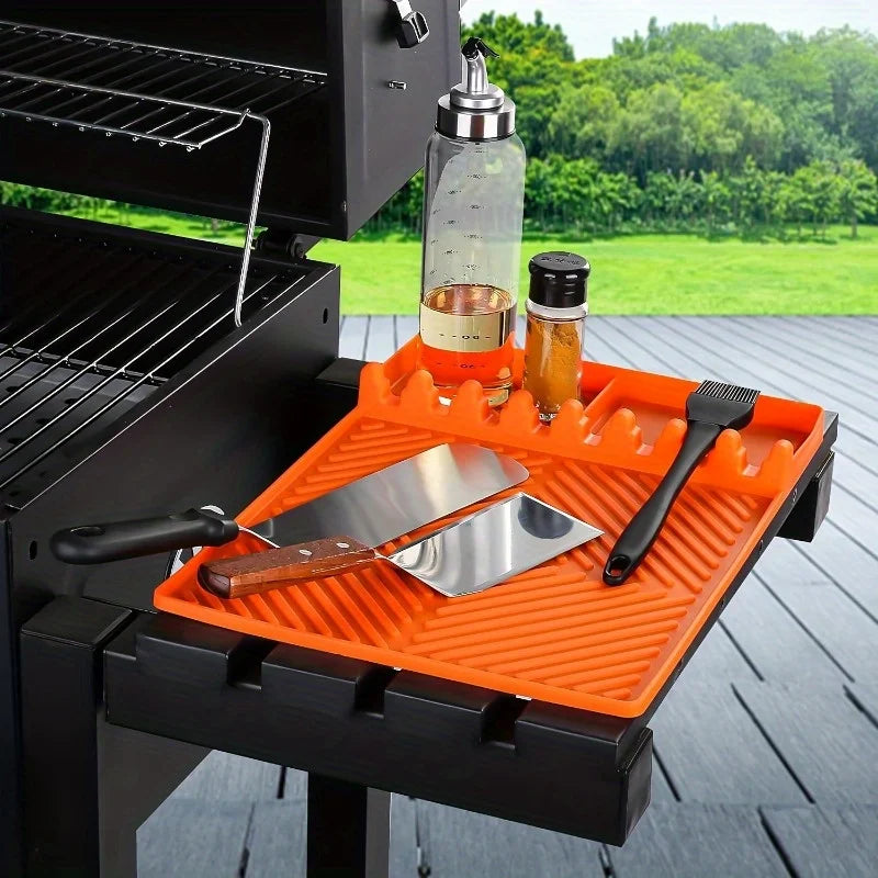Grill Mat with Side Shelf - Large, Non-Electric BBQ Caddy & Utensil Holder for Outdoor Grilling and Kitchen Counter, Grill Pad