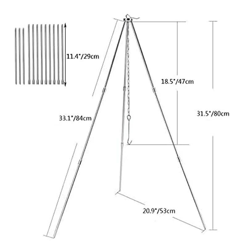 Camping Tripod Stand, Outdoor Cooking Tripod, Aluminum Telescopic Campfire Tripods, for Adjustable Chain, Lightweight, Portable.