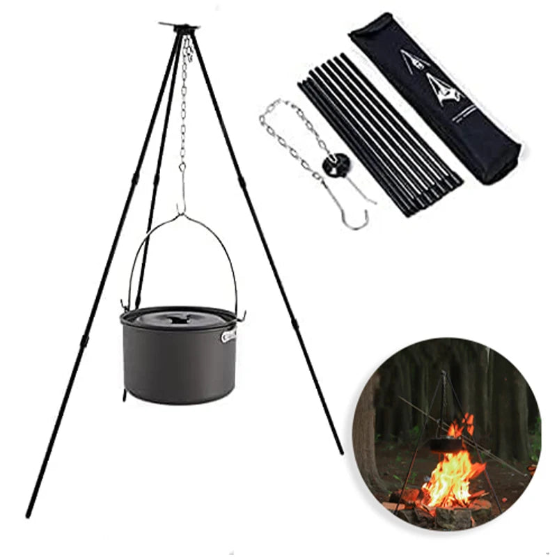 Camping Tripod Stand, Outdoor Cooking Tripod, Aluminum Telescopic Campfire Tripods, for Adjustable Chain, Lightweight, Portable.