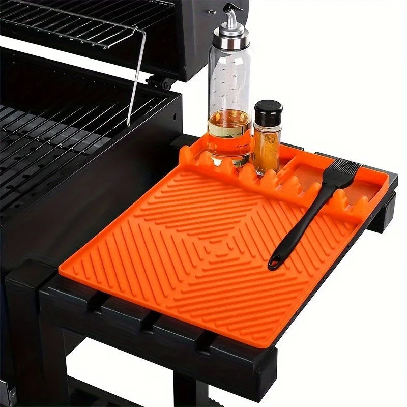Grill Mat with Side Shelf - Large, Non-Electric BBQ Caddy & Utensil Holder for Outdoor Grilling and Kitchen Counter, Grill Pad