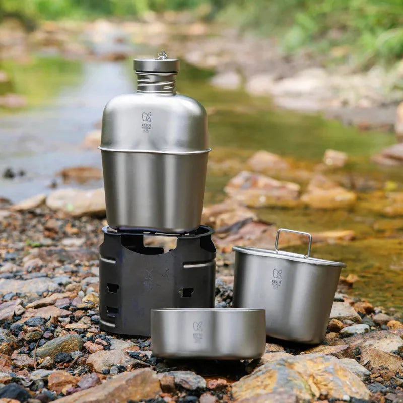 Keith All-in-One Titanium Camping Cook Set with Wood Stove and Carry Storage Ultralight  Professional  Camping