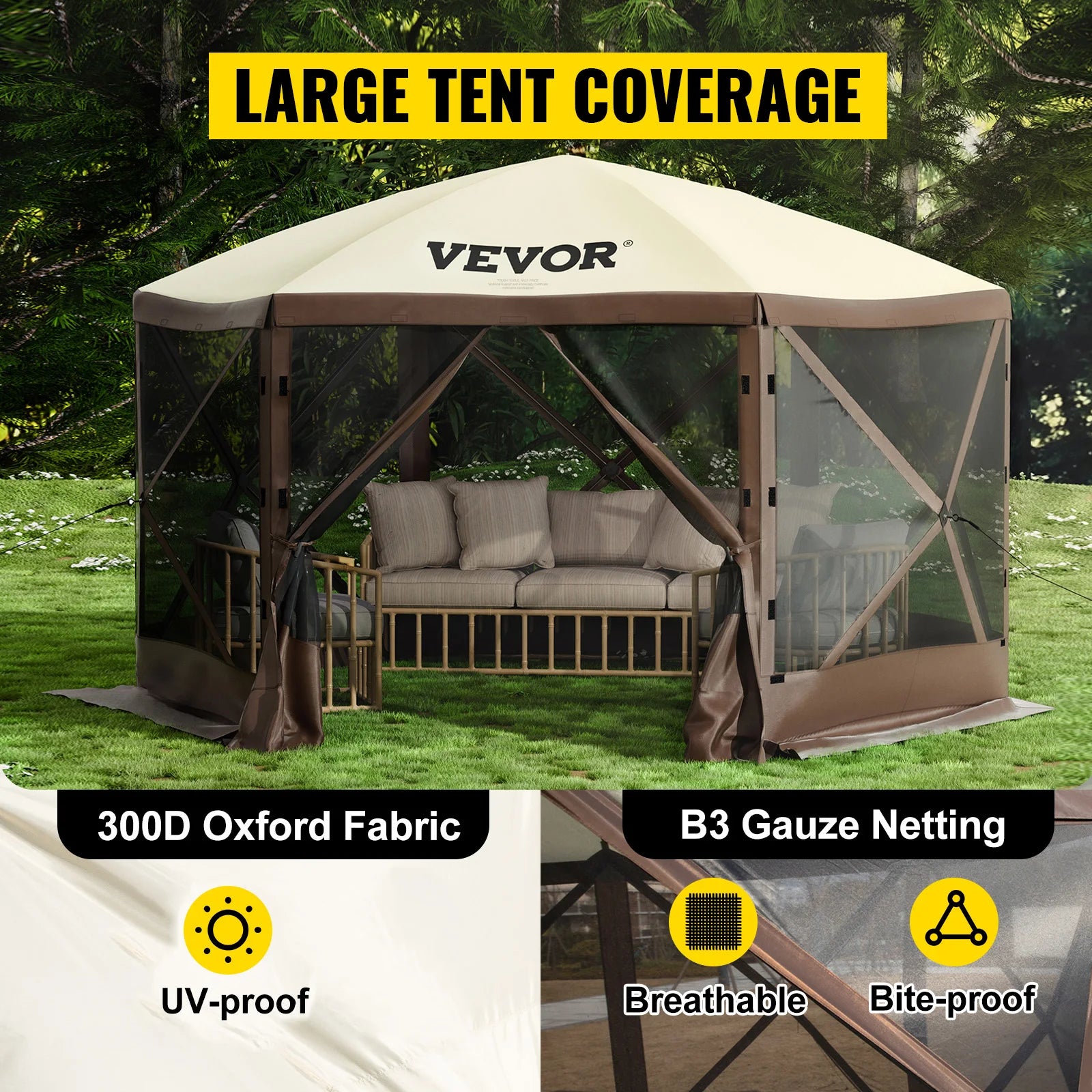 SucceBuy Pop-up Camping Gazebo Camping Canopy Shelter 6 Sided 12' x 12' / 10' x 10' Sun Shade Tents & Canopies Camping & Hiking