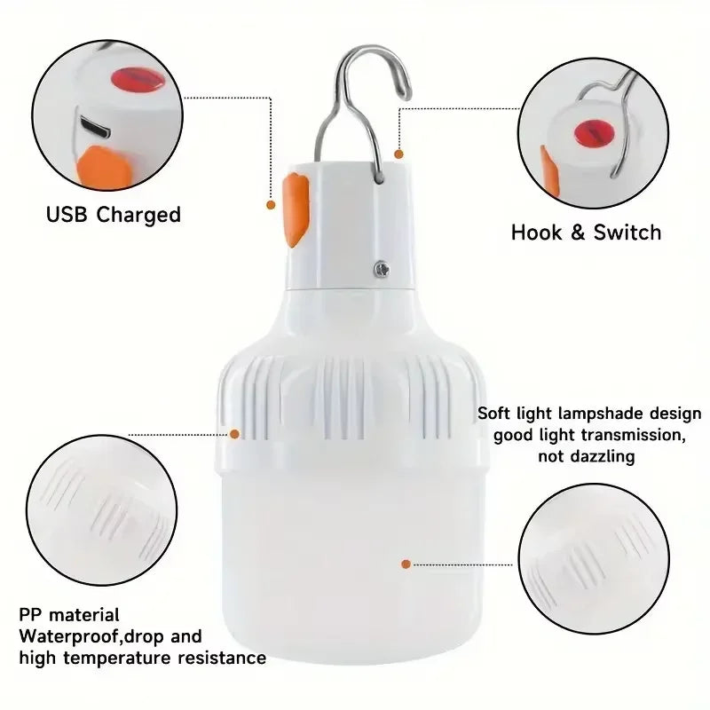 1PCS Rechargeable LED Emergency Light Bulb, Waterproof, Durable, Ideal for Camping, Hiking, Outdoor Adventures