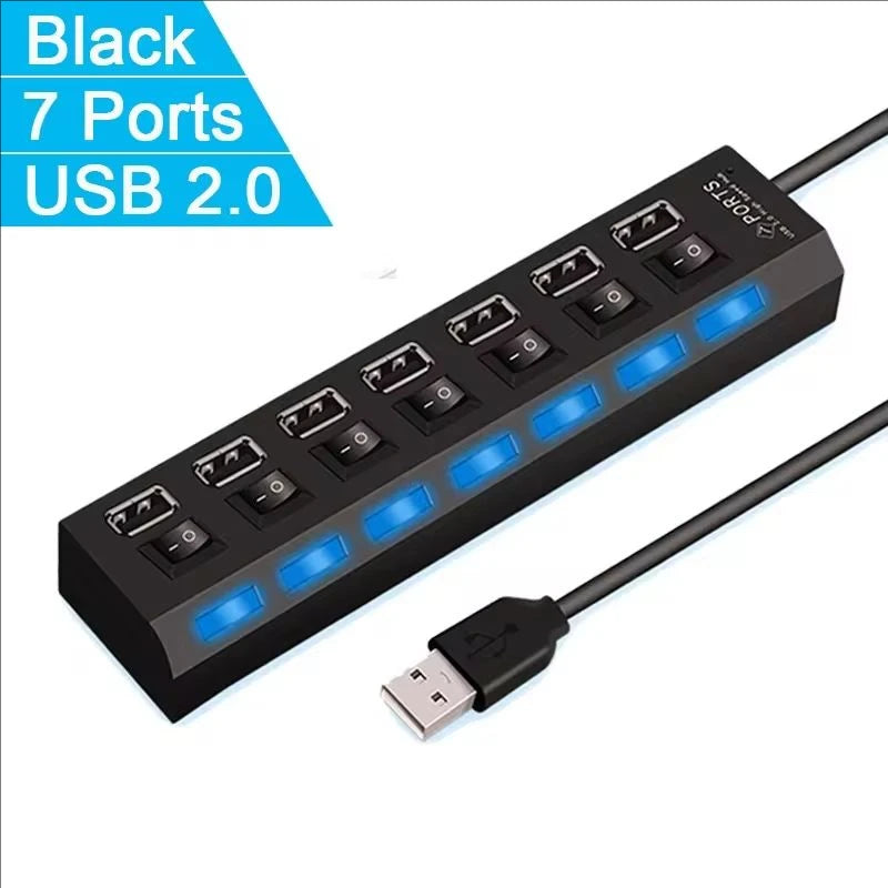 7 Ports USB 2.0 Hub LED 5Gbps High Speed Multiports USB Power Adapter Expander USB Splitter With Switch For Laptop Computer Home