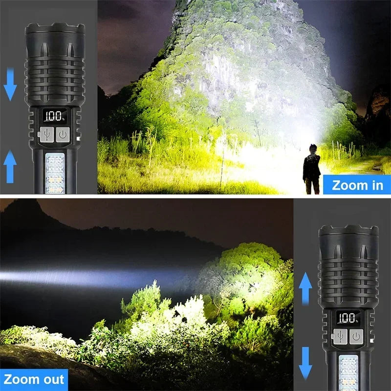 High Power LED Flashlight Portable Zoom Torch Type-C Rechargeable Waterproof Light with COB Side Lamp for Outdoor Camping Hiking