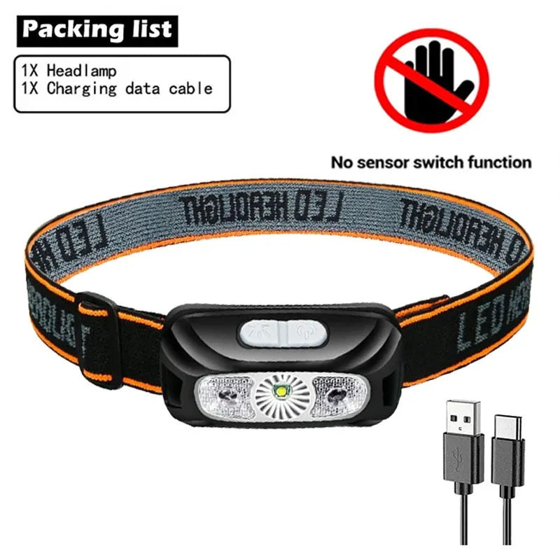 Strong Light Headlamp Portable LED Sensor Headlamp USB-C Rechargeable Head Flashlight Outdoor Camping Fishing Emergency Lantern