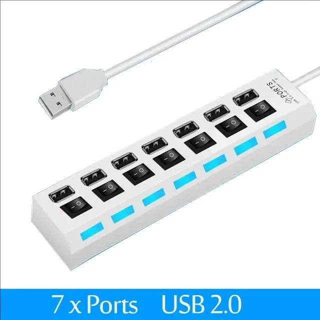 7 Ports USB 2.0 Hub LED 5Gbps High Speed Multiports USB Power Adapter Expander USB Splitter With Switch For Laptop Computer Home