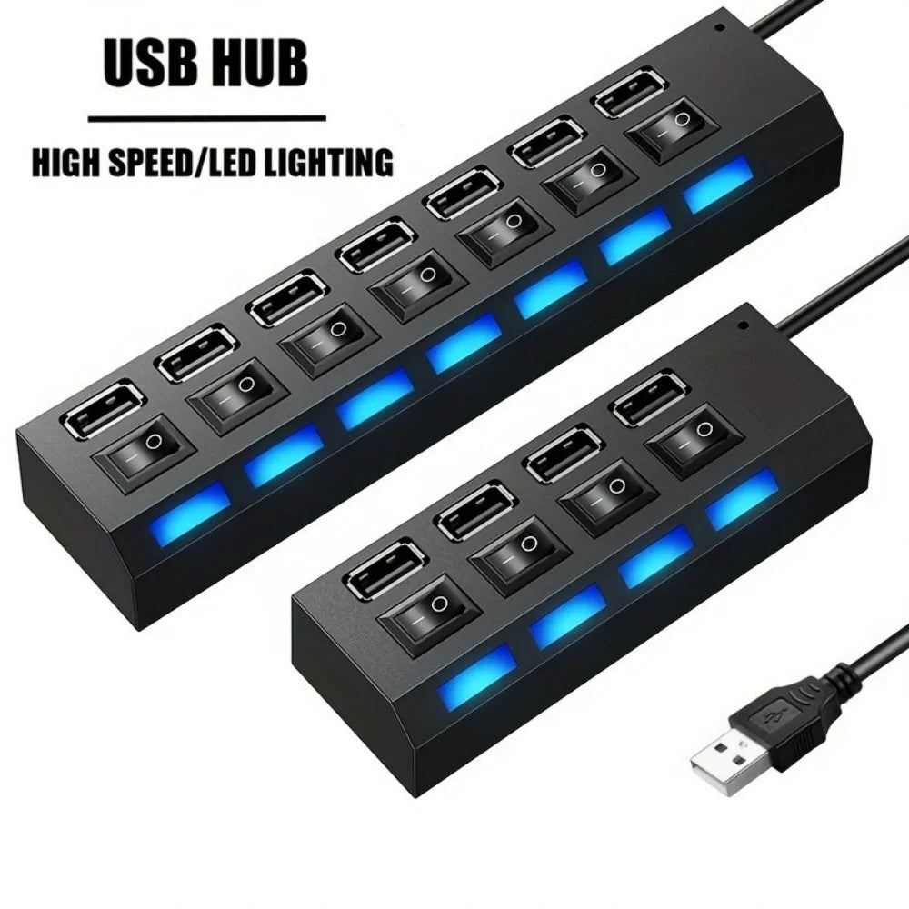 7 Ports USB 2.0 Hub LED 5Gbps High Speed Multiports USB Power Adapter Expander USB Splitter With Switch For Laptop Computer Home