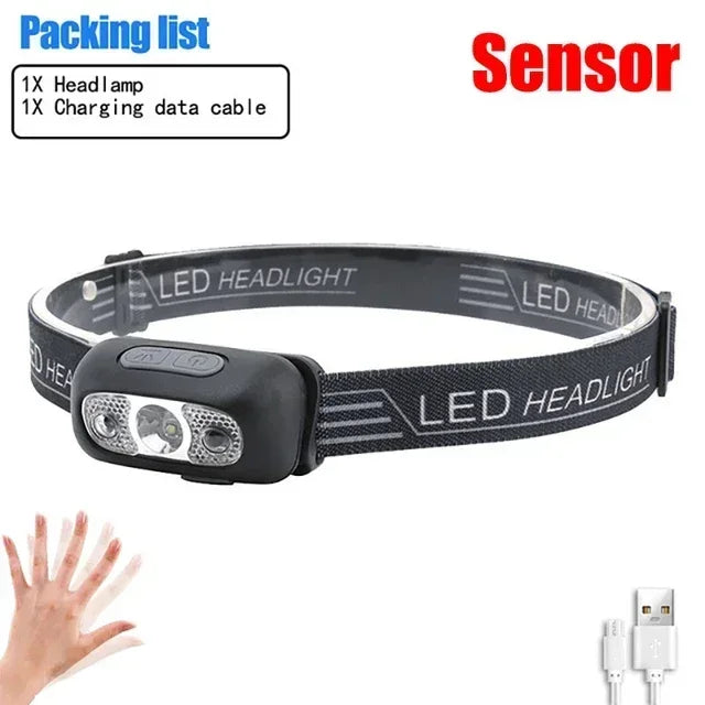 Strong Light Headlamp Portable LED Sensor Headlamp USB-C Rechargeable Head Flashlight Outdoor Camping Fishing Emergency Lantern